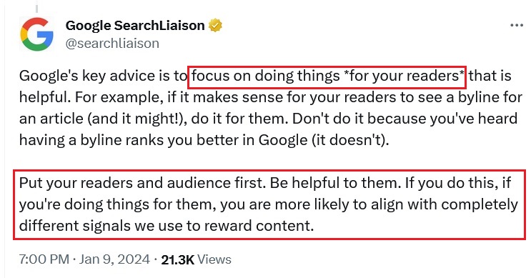 Screenshot of tweet from Google Search Liason on ranking