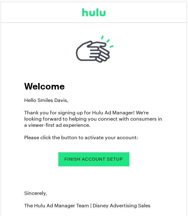 SaaS welcome email with 'next steps' from Hulu