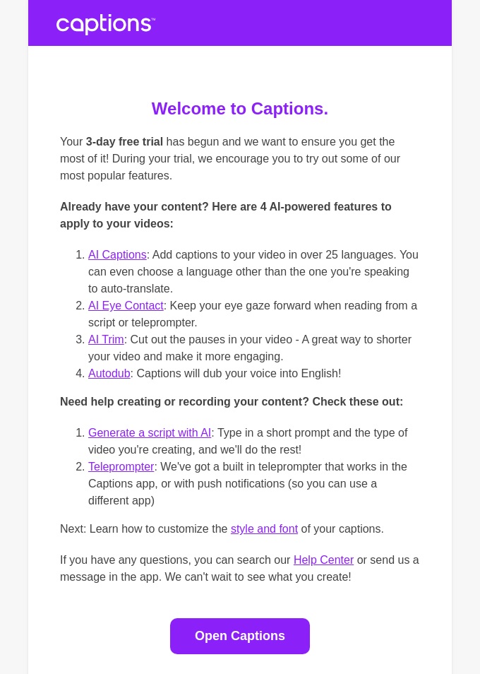 SaaS welcome email showing key features from Captions