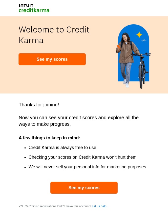 Reassuring SaaS welcome email from Intuit Credit Karma