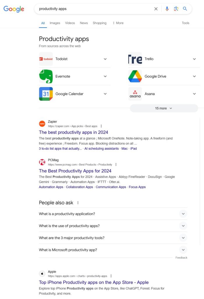 Google search results for productivity apps